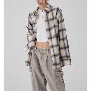 Plaid Button-Up Shirt - Cream and Blue